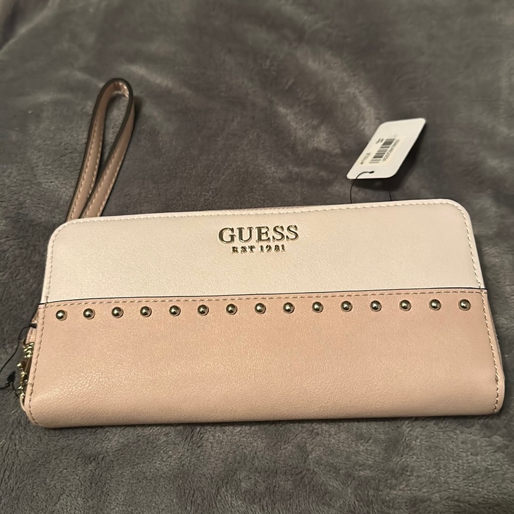 NWT Guess Wristlet Off White & Pink with Silver Studded Detail